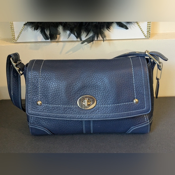 Coach Hamilton Navy Handbag Satchel Shoulder Pebble Leather Silver Hardware Bag